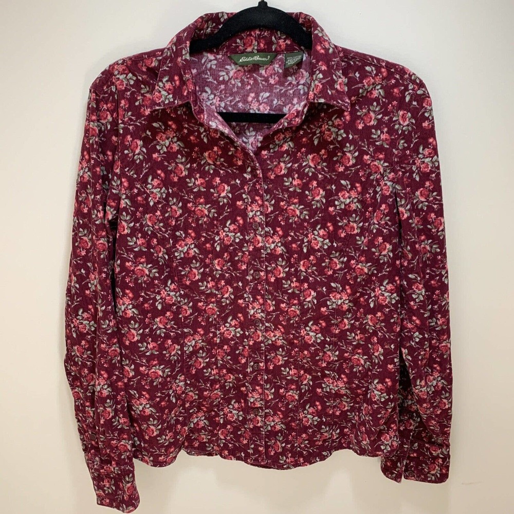 Eddie Bauer Berry Red Floral Corduroy Cotton Collared Button Down Top Medium M